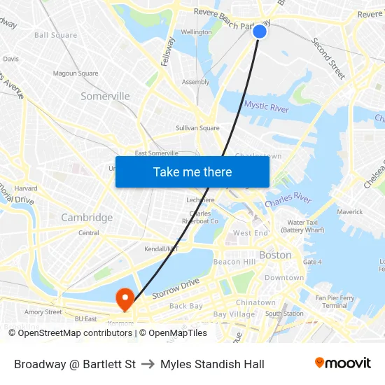 Broadway @ Bartlett St to Myles Standish Hall map