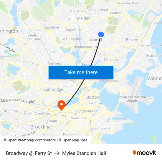 Broadway @ Ferry St to Myles Standish Hall map