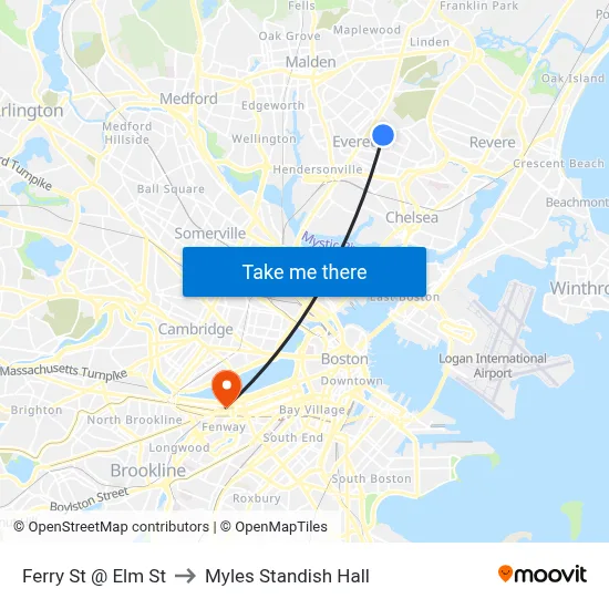 Ferry St @ Elm St to Myles Standish Hall map