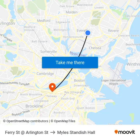 Ferry St @ Arlington St to Myles Standish Hall map