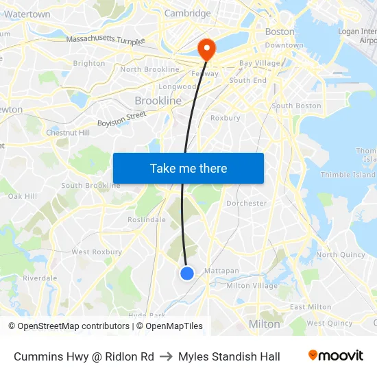 Cummins Hwy @ Ridlon Rd to Myles Standish Hall map