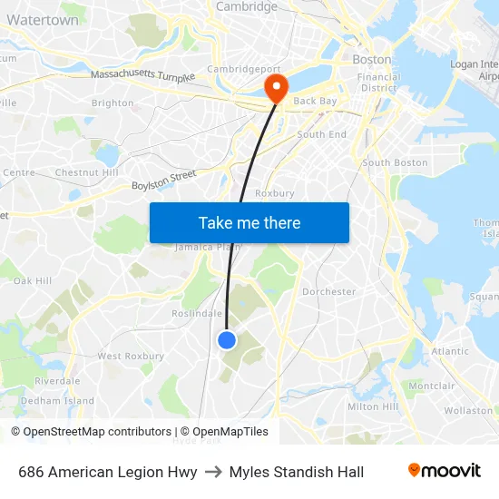 686 American Legion Hwy to Myles Standish Hall map
