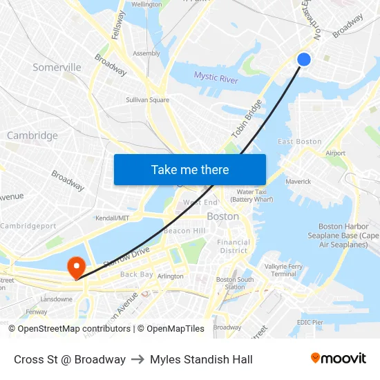 Cross St @ Broadway to Myles Standish Hall map