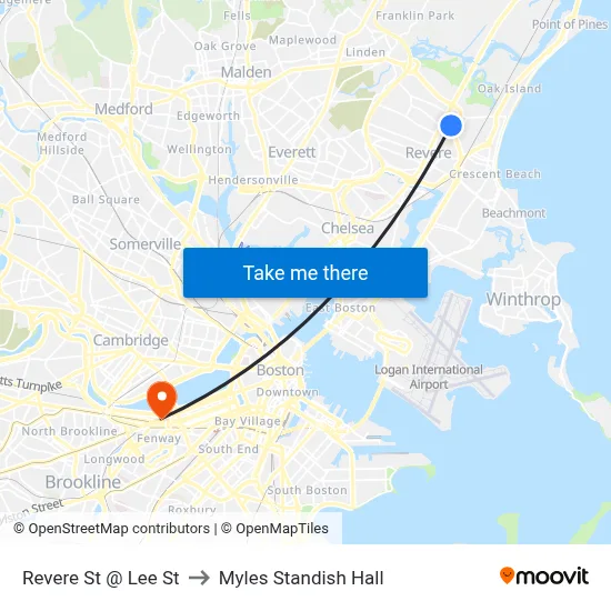 Revere St @ Lee St to Myles Standish Hall map