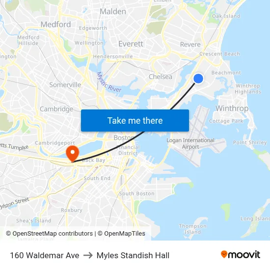 160 Waldemar Ave to Myles Standish Hall map