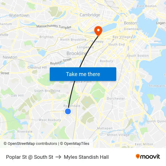 Poplar St @ South St to Myles Standish Hall map