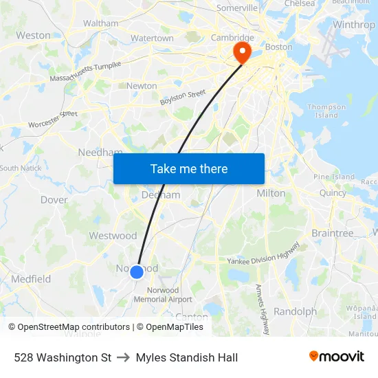528 Washington St to Myles Standish Hall map
