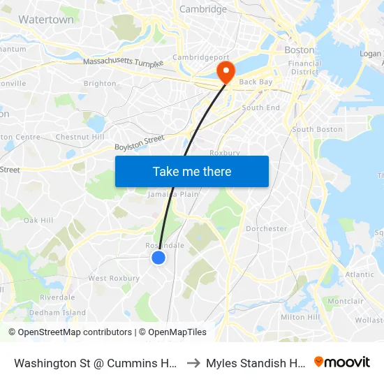 Washington St @ Cummins Hwy to Myles Standish Hall map