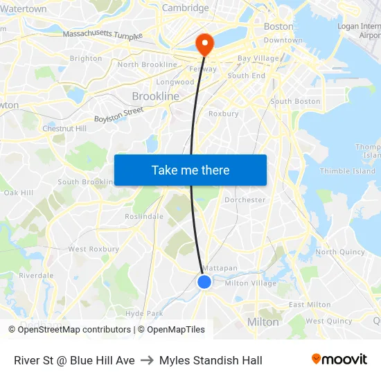 River St @ Blue Hill Ave to Myles Standish Hall map