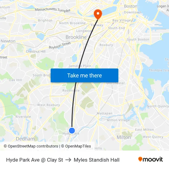 Hyde Park Ave @ Clay St to Myles Standish Hall map