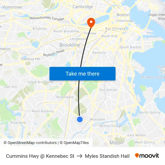 Cummins Hwy @ Kennebec St to Myles Standish Hall map