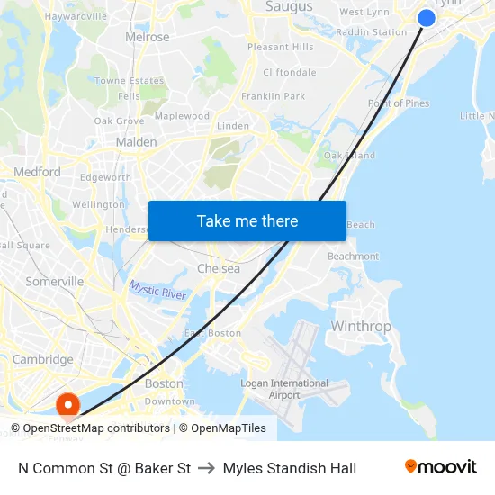 N Common St @ Baker St to Myles Standish Hall map