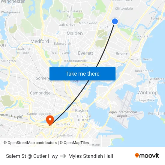 Salem St @ Cutler Hwy to Myles Standish Hall map