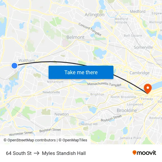64 South St to Myles Standish Hall map