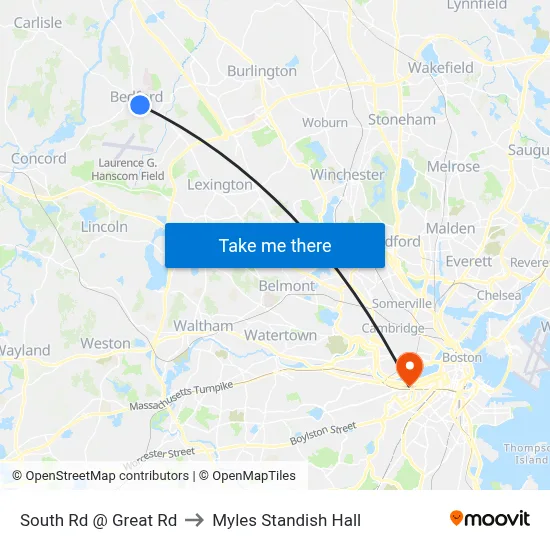 South Rd @ Great Rd to Myles Standish Hall map
