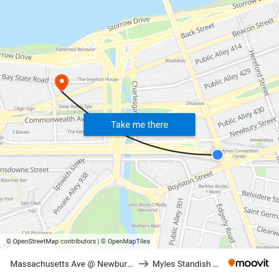 Massachusetts Ave @ Newbury St to Myles Standish Hall map