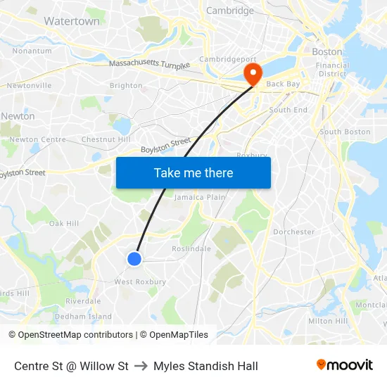 Centre St @ Willow St to Myles Standish Hall map
