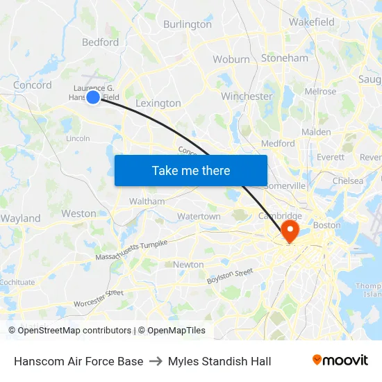 Hanscom Air Force Base to Myles Standish Hall map