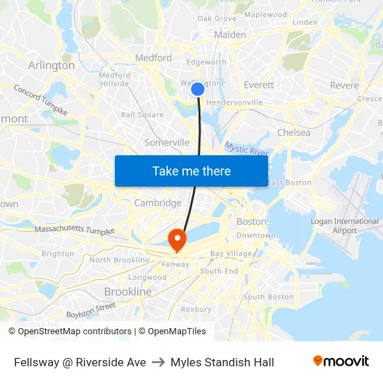Fellsway @ Riverside Ave to Myles Standish Hall map