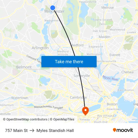 757 Main St to Myles Standish Hall map