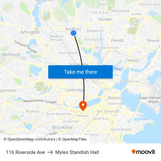 116 Riverside Ave to Myles Standish Hall map