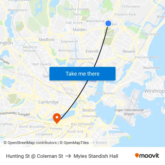 Hunting St @ Coleman St to Myles Standish Hall map