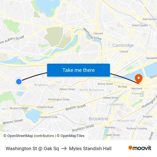 Washington St @ Oak Sq to Myles Standish Hall map