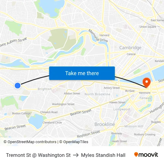 Tremont St @ Washington St to Myles Standish Hall map