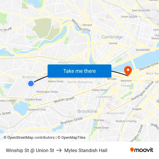 Winship St @ Union St to Myles Standish Hall map