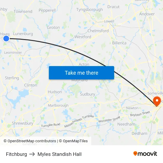 Fitchburg to Myles Standish Hall map