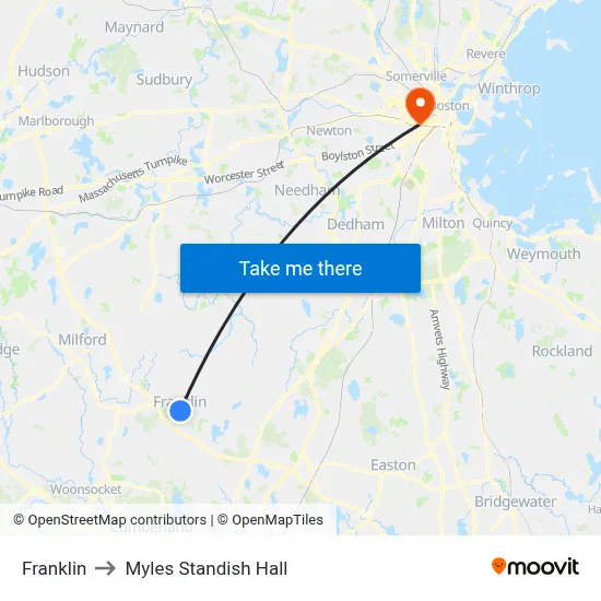 Franklin to Myles Standish Hall map