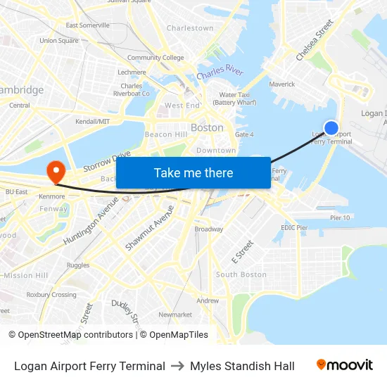 Logan Airport Ferry Terminal to Myles Standish Hall map