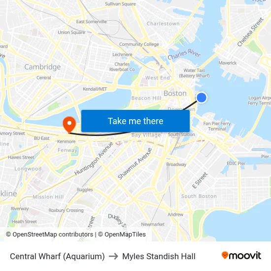 Central Wharf (Aquarium) to Myles Standish Hall map