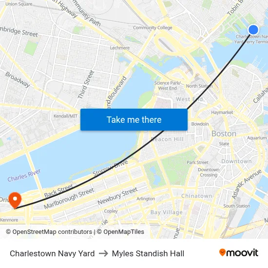Charlestown Navy Yard to Myles Standish Hall map