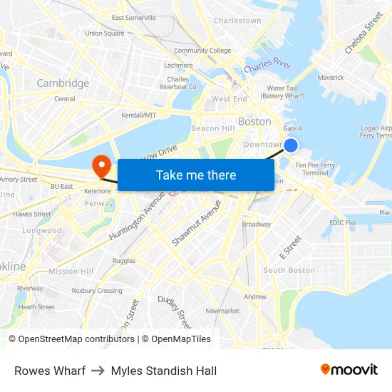 Rowes Wharf to Myles Standish Hall map
