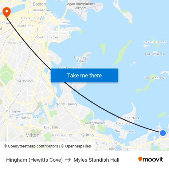 Hingham (Hewitts Cove) to Myles Standish Hall map