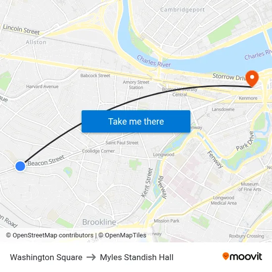 Washington Square to Myles Standish Hall map
