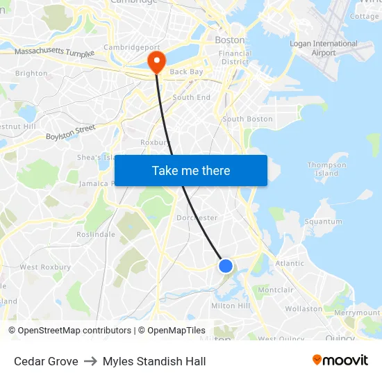 Cedar Grove to Myles Standish Hall map