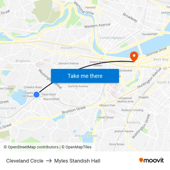Cleveland Circle to Myles Standish Hall map