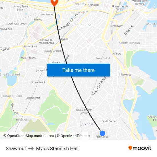Shawmut to Myles Standish Hall map