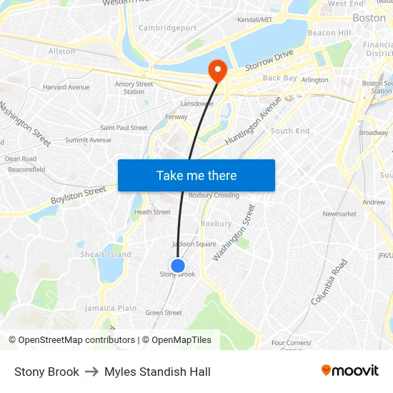 Stony Brook to Myles Standish Hall map