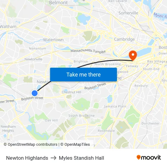 Newton Highlands to Myles Standish Hall map