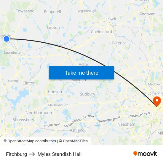 Fitchburg to Myles Standish Hall map
