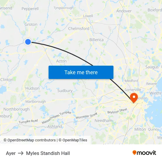 Ayer to Myles Standish Hall map