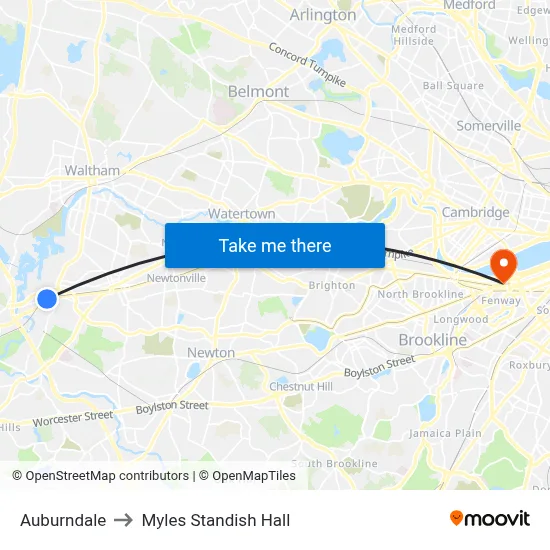 Auburndale to Myles Standish Hall map