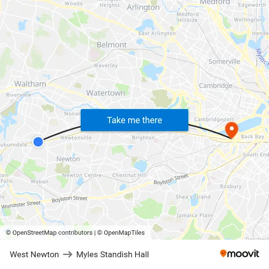 West Newton to Myles Standish Hall map