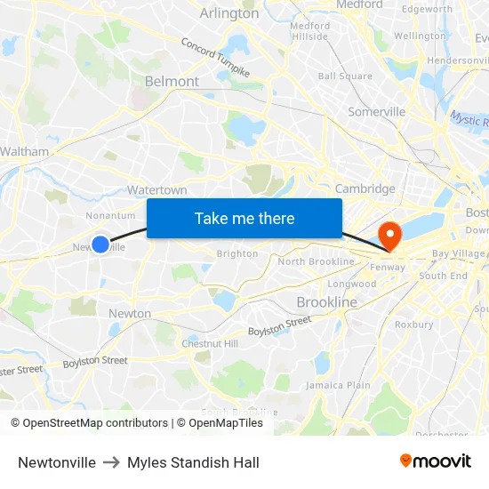 Newtonville to Myles Standish Hall map
