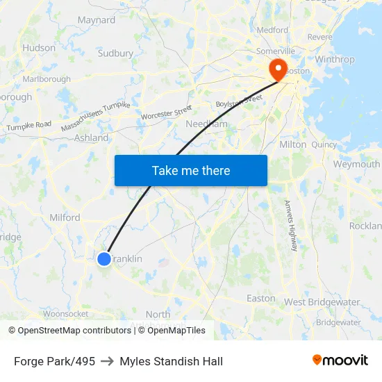 Forge Park/495 to Myles Standish Hall map