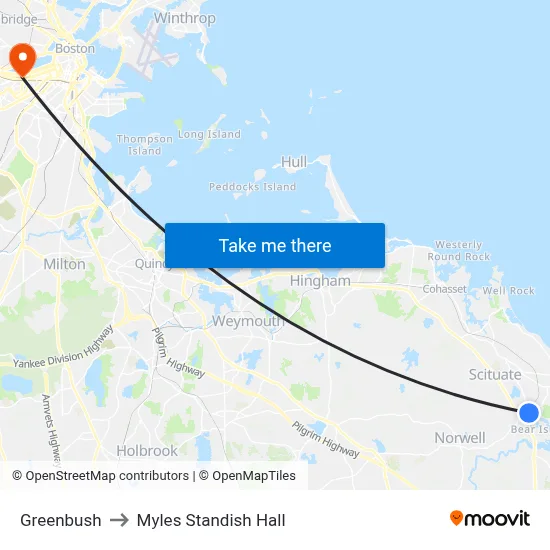 Greenbush to Myles Standish Hall map