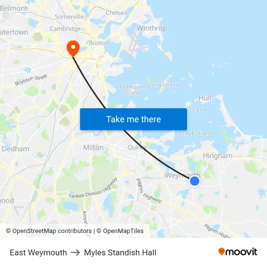 East Weymouth to Myles Standish Hall map